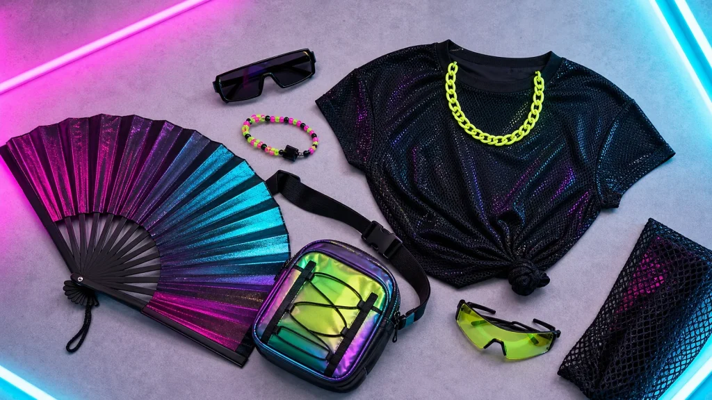 Budget rave outfit pieces with fan sunglasses and jewellery