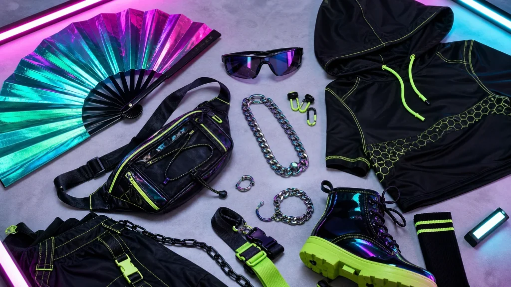 Complete rave look with fan sunglasses bag jewellery and clothing