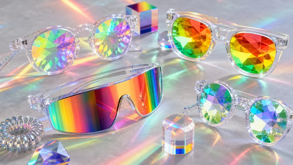 Diffraction glasses and rave sunglasses reflecting neon lights