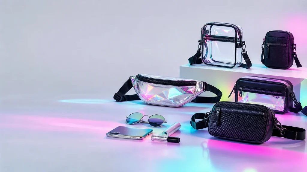 Festival bag with rave accessories and neon accents