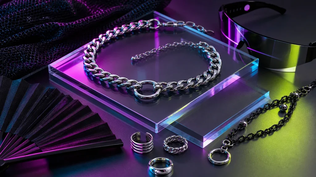 Rave jewellery and chains styled with neon accessories