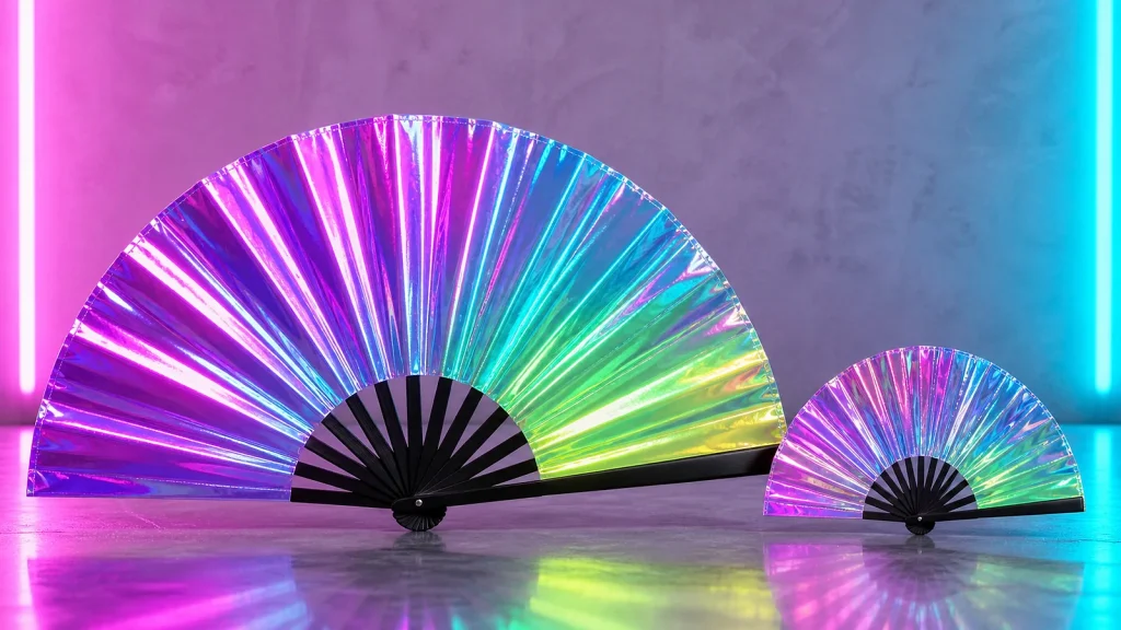 Large and small rave fans compared on a neon light slate setup