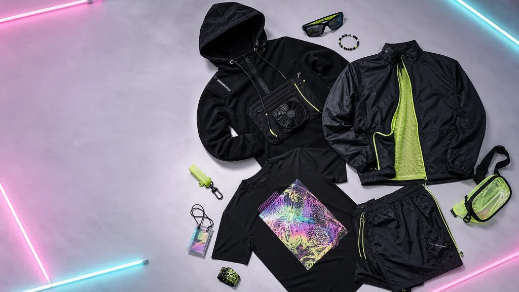 Rave outfit pieces with neon accessories on a light slate background