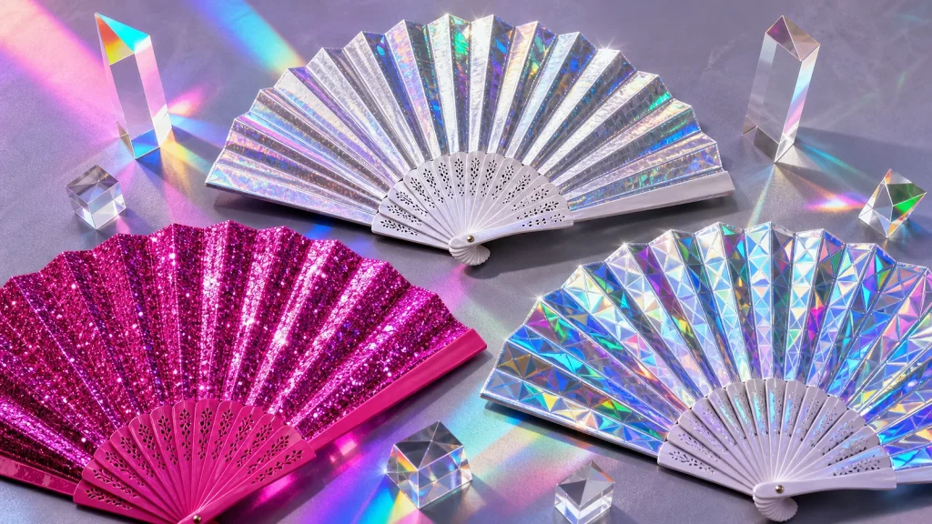 Reflective and glitter rave fans under neon lights