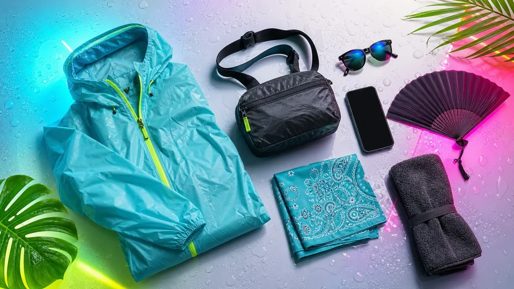Outdoor festival outfit with rave fan, sunglasses and compact bag